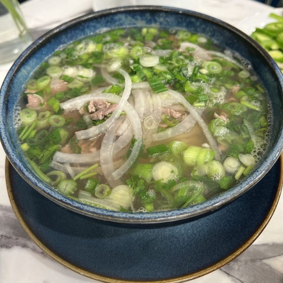 Close-up of a bowl of Pho Dena's Vietnamese pho, topped with green onions and sliced white onions.